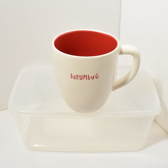 Rae Dunn BaHUMbuG Mug White Red with Red Letters New Holiday Cup Magenta Coffee - Picture 1 of 8